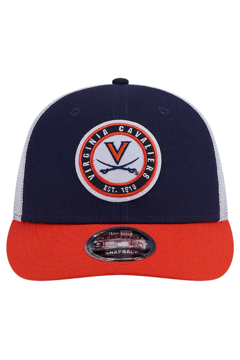 Men's New Era Navy Virginia Cavaliers Throwback Circle Patch 9FIFTY Trucker Snapback Hat, Alternate, color, Navy