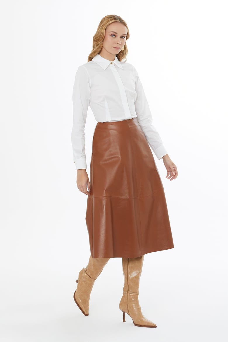Lambskin Leather Flared Skirt with Back Zip, Alternate, color, Brown