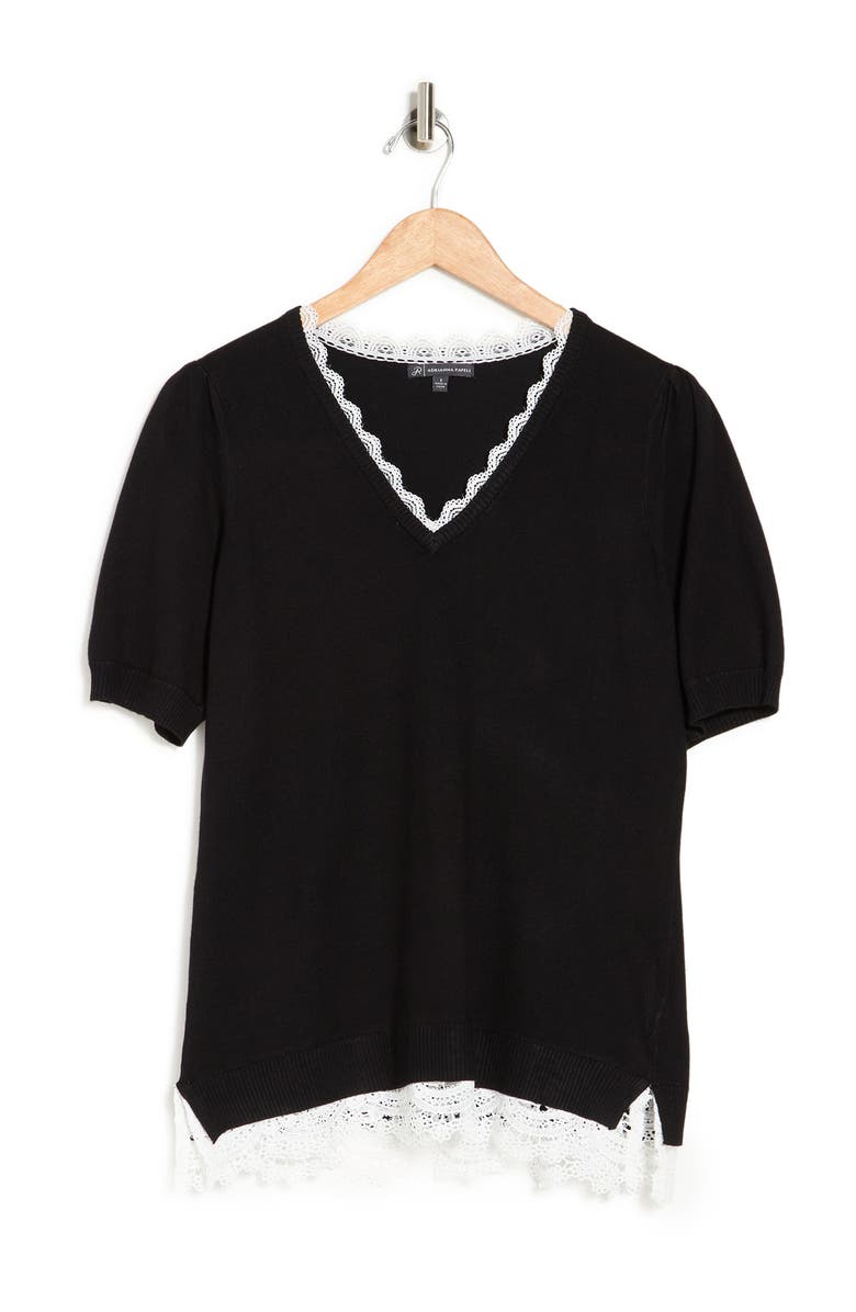 Adrianna Papell V-Neck Lace Trim Sweater Top, Alternate, color, 