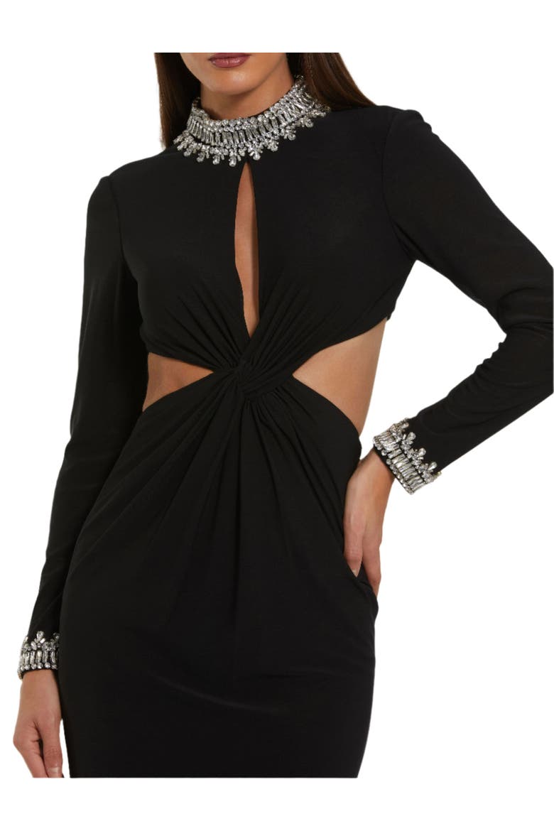 Women's Embellished Jersey Long Sleeve Cut Out Evening Gown, Alternate, color, Black