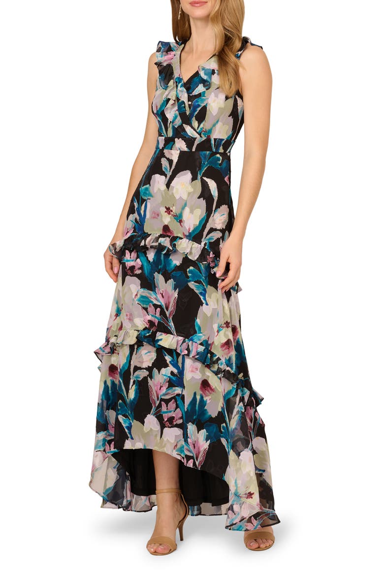 Floral Ruffle Chiffon Evening Gown, Main, color, BLACK MULTI