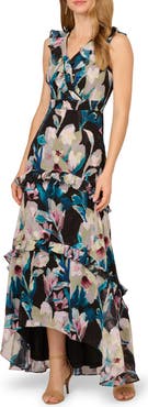Adrianna Papell Floral Ruffle Chiffon Evening Gown