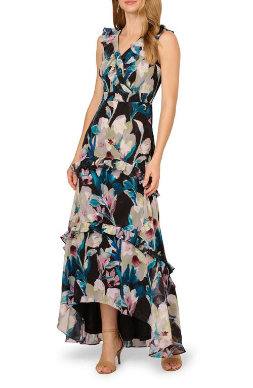 ADRIANNA PAPELL ADRIANNA PAPELL FLORAL RUFFLE CHIFFON EVENING GOWN