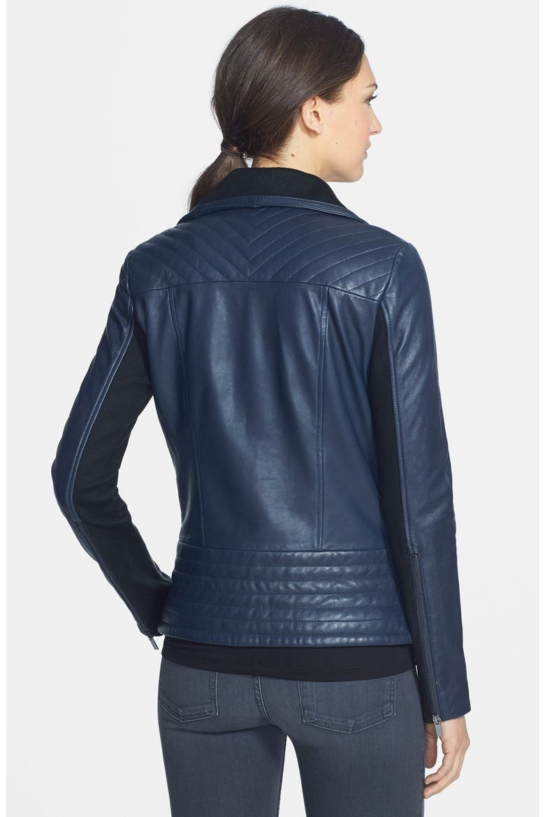 Badgley Mischka 'Kaya' Knit Collar Leather Biker Jacket, Alternate, color, NAVY/ BLACK