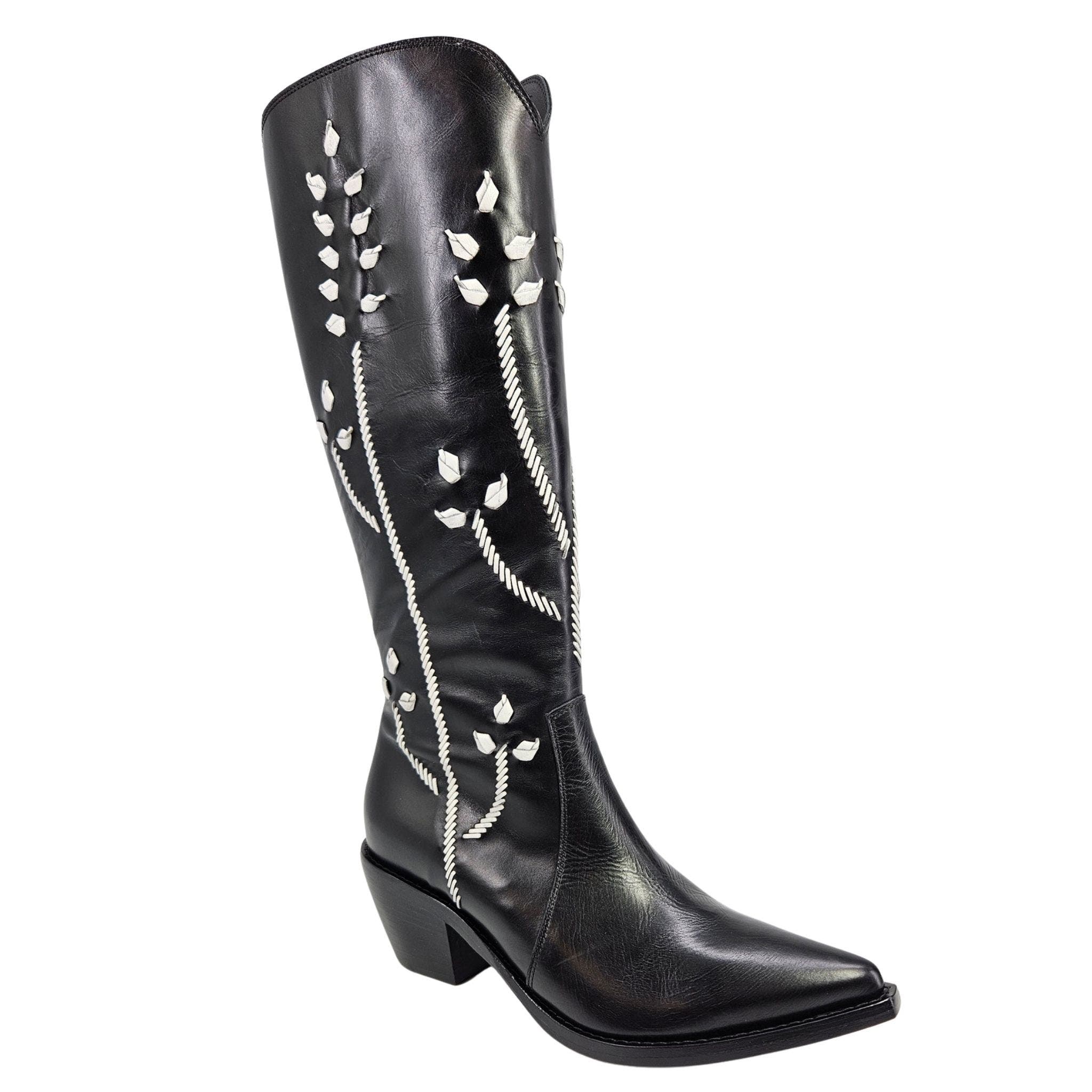 Cowboy Tall Boots with Floral Embroidery, Alternate, color, black