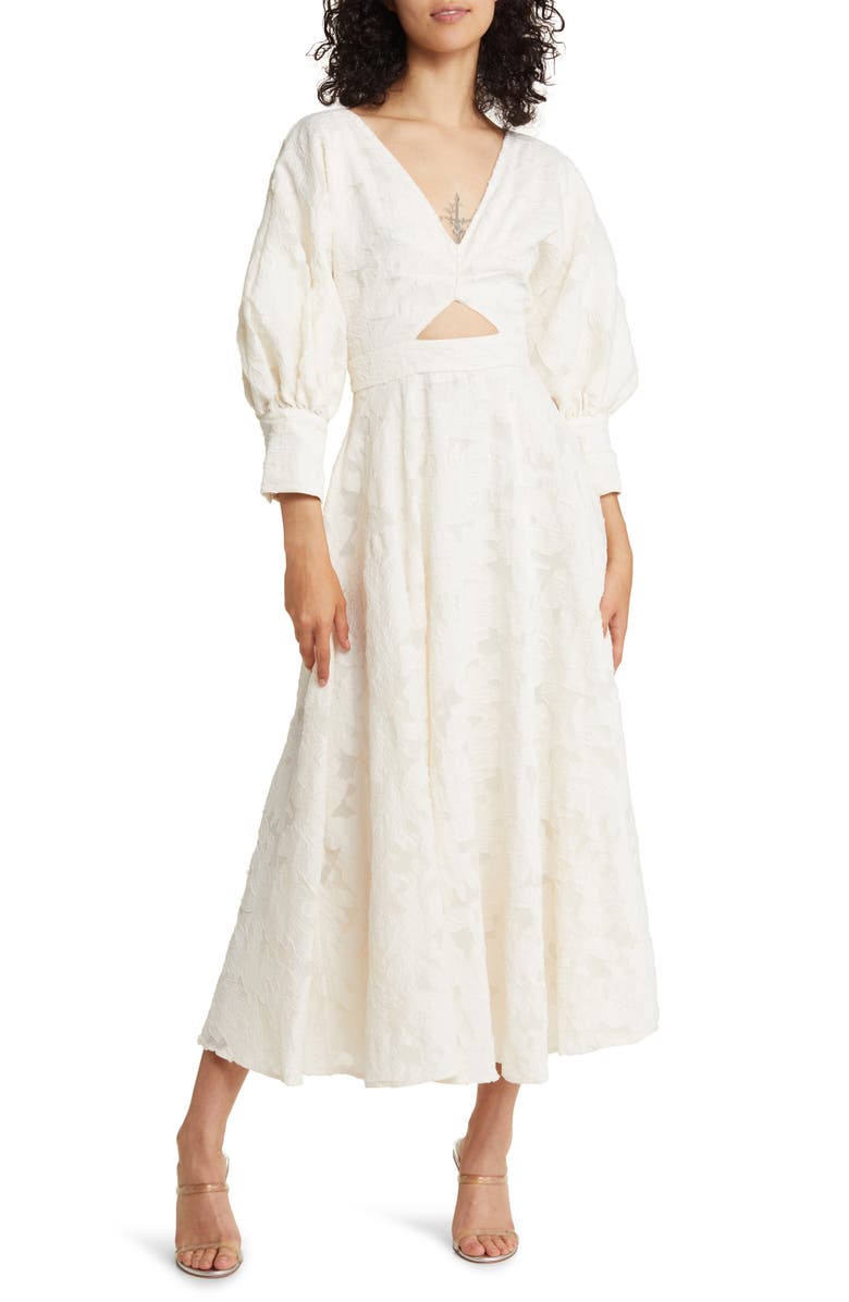 ASOS DESIGN EDITION Floral Embroidered Cutout Midi Dress, Main, color, Cream