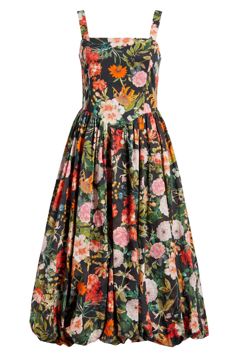 Floral Basque Waist Fit & Flare Midi Dress, Alternate, color, BLACK MULTI
