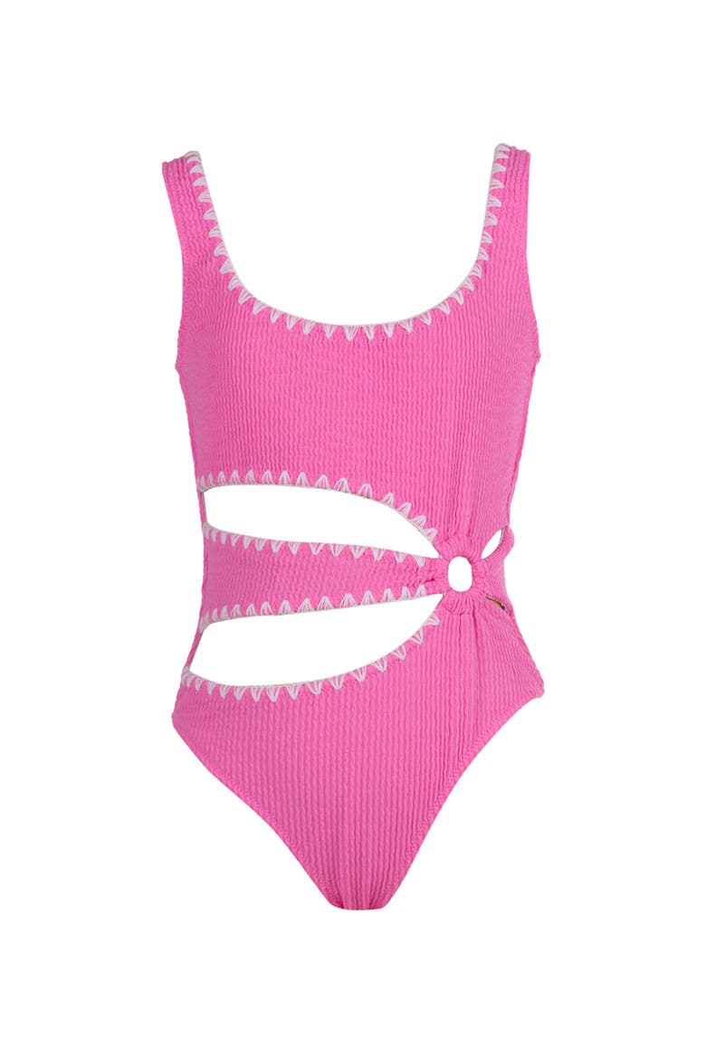 Textured Cutout Embroidery Edging with Ring-Detail One-Piece Swimsuit, Main, color, Pink