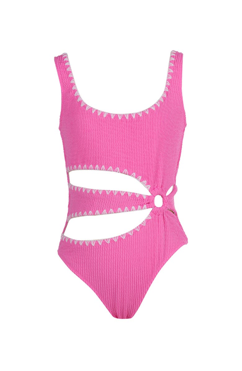 NESSI BYRD Textured Cutout Embroidery Edging with Ring-Detail One-Piece Swimsuit, Main, color, Pink