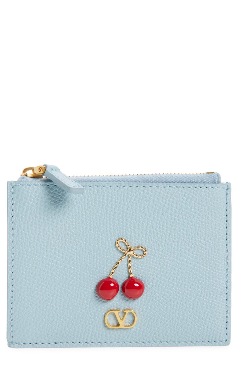 Valentino Garavani Cherryfic Leather Card Case, Main, color, Blue