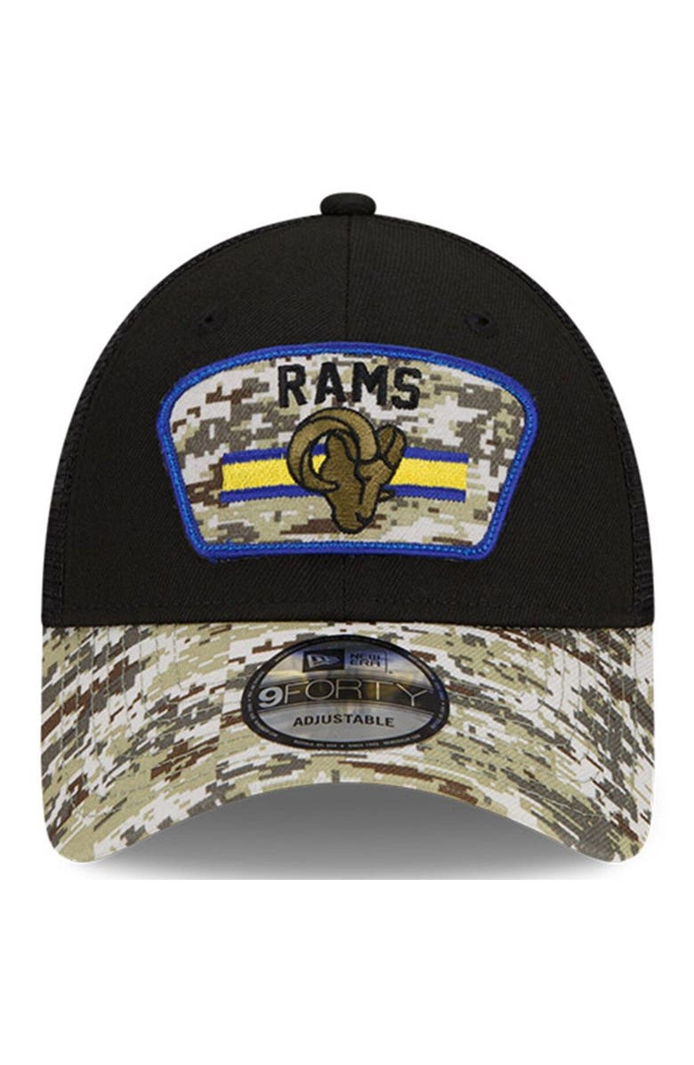 New Era Men's New Era Black/Camo Los Angeles Rams 2021 Salute To Service Trucker 9FORTY Snapback Adjustable Hat, Alternate, color, 