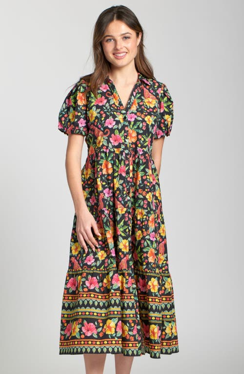 Apny Puff Sleeve Tiered Shirtdress In Multi