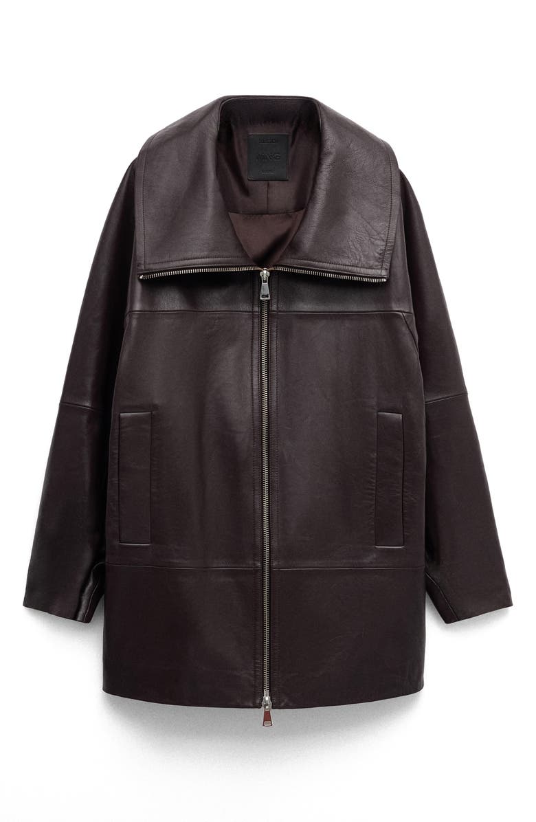 MANGO Oversize Funnel Neck Leather Coat, Main, color,