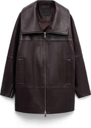 MANGO Oversize Funnel Neck Leather Coat