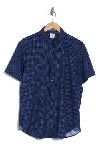 Construct Slim Fit Dot Short Sleeve Stretch Button-down Shirt In Navy