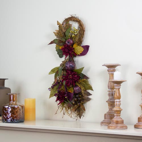 Northlight 28in Autumn Harvest Mums With Pomegranate Grapevine Garland In Multi