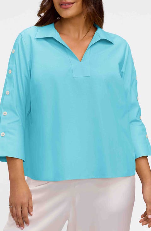 Lainey Button Accent Cotton Popover Top (Plus)