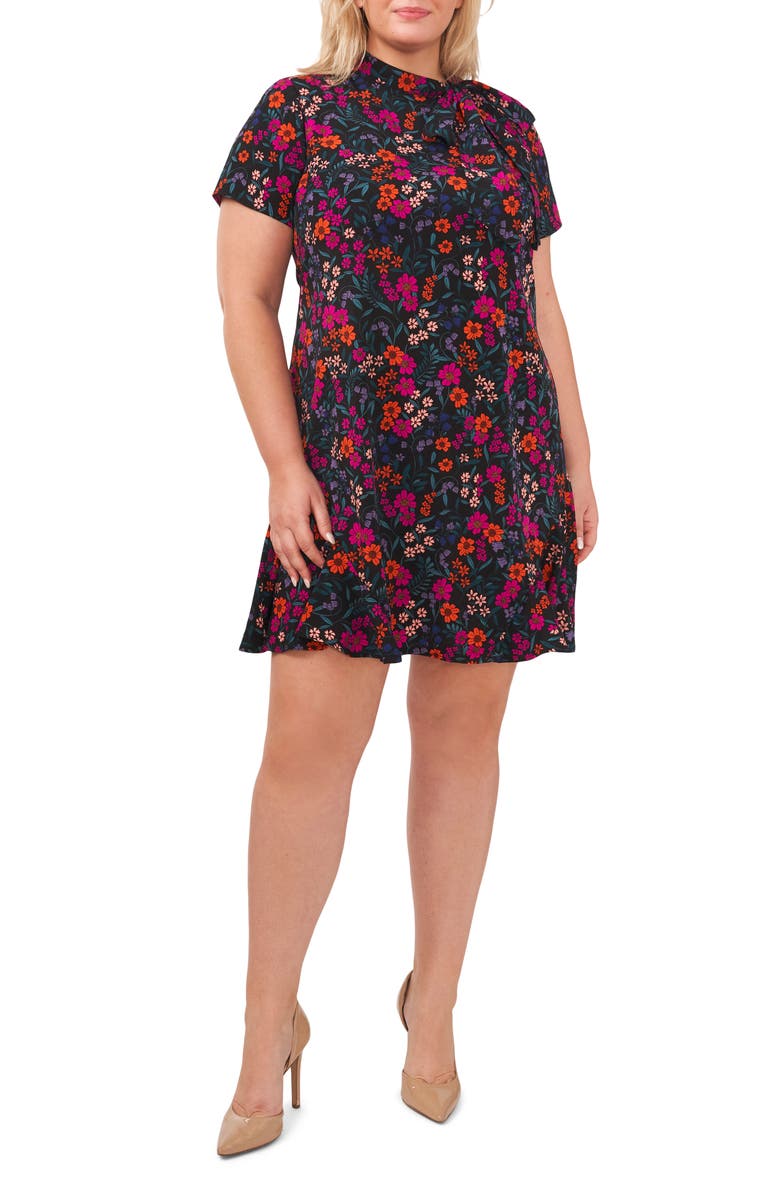 CeCe Floral Tie Neck A-Line Dress, Main, color, Rich Black