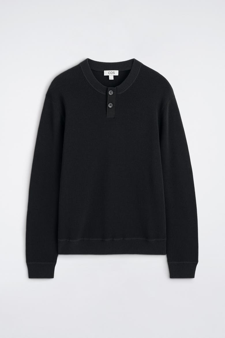 Knitted Cotton Henley Sweater, Alternate, color, BLACK