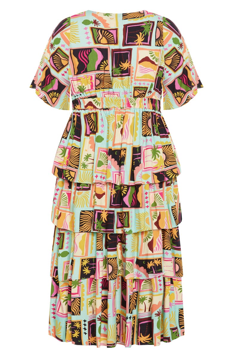 City Chic Ana Tie Front Tiered Midi Dress, Alternate, color, Postcards