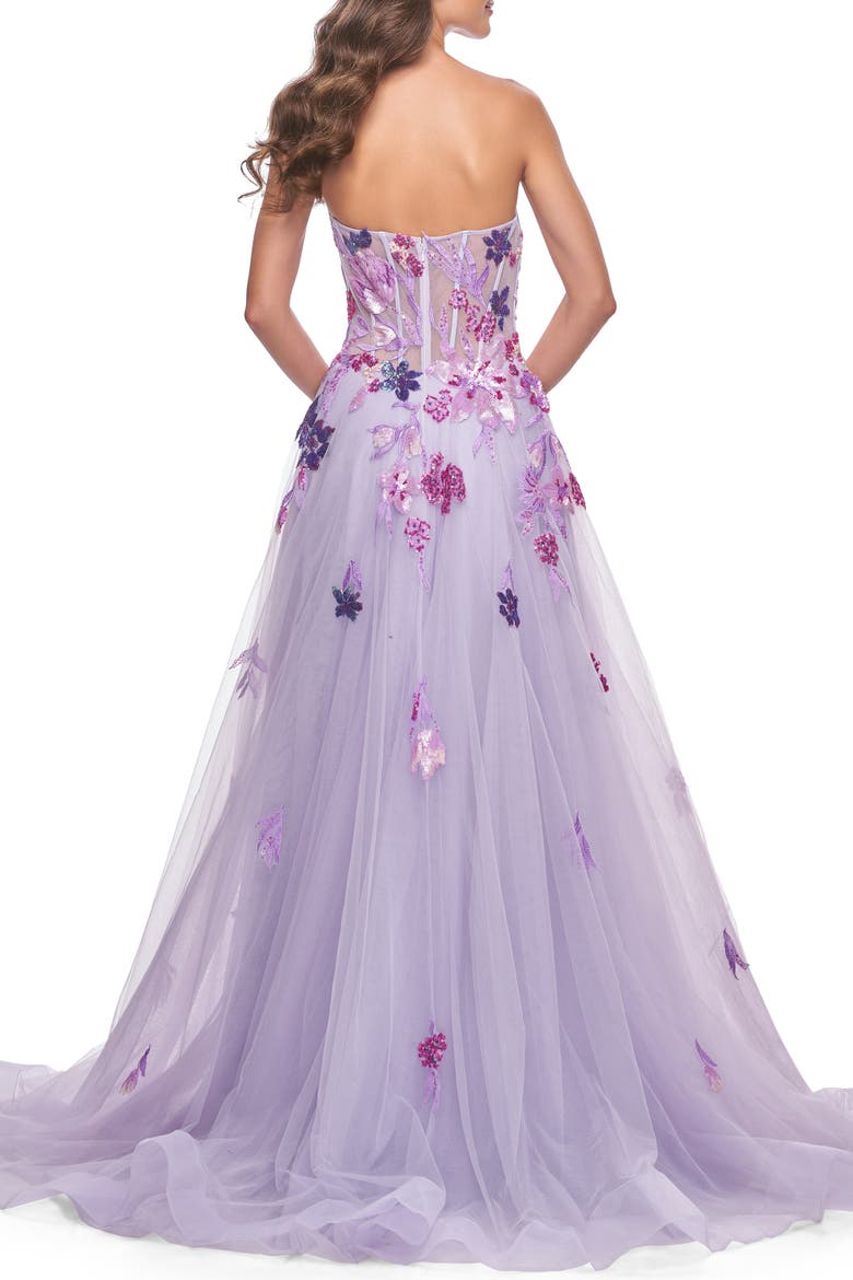 Strapless A-Line Gown with Multi Color Sequin Lace Detail, Alternate, color, Lavender