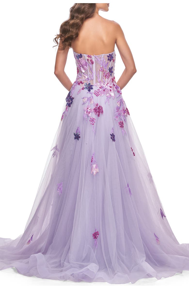 La Femme Strapless A-Line Gown with Multi Color Sequin Lace Detail, Alternate, color, Lavender