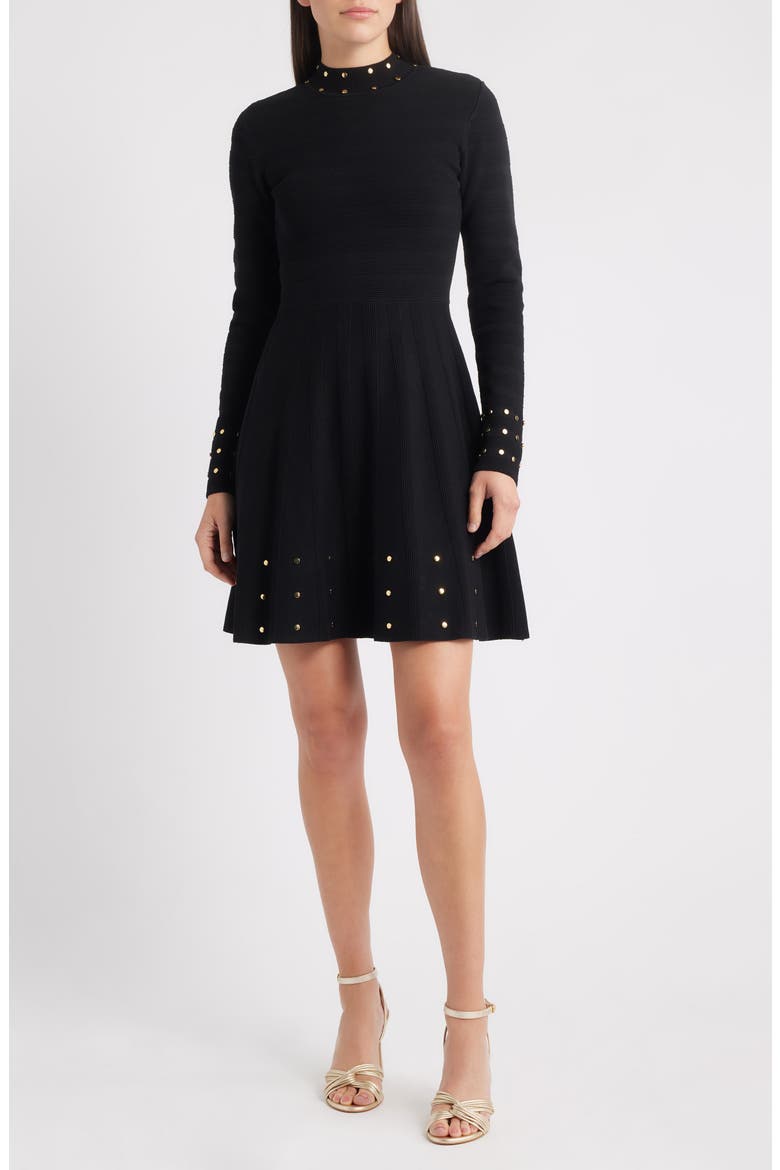 Metallic Rivet Detail Long Sleeve Fit & Flare Ottoman Knit Dress, Main, color, BLACK