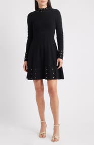 Vince Camuto Metallic Rivet Detail Long Sleeve Fit & Flare Ottoman Knit Dress