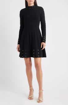 Vince Camuto Metallic Rivet Detail Long Sleeve Fit & Flare Ottoman Knit Dress