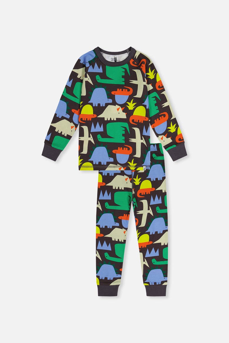 Dinosaur Organic Cotton Top Pants Two Piece Pajama Set, Main, color, Black Dinosaur Print