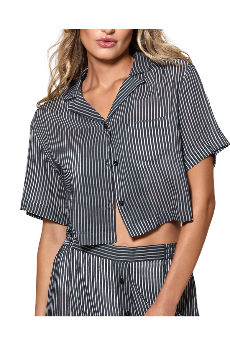 Le Boy Cotton/Silk SS Cropped Shirt, Main, color, NAVY / IVORY