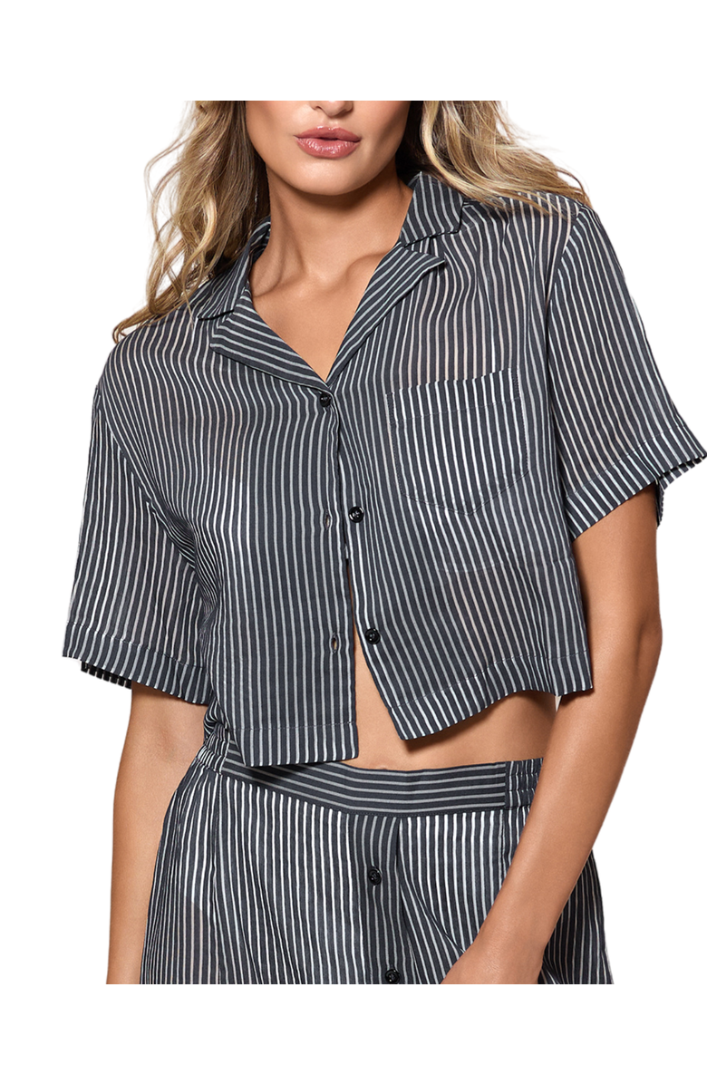 Kiki de Montparnasse Le Boy Cotton/Silk SS Cropped Shirt, Main, color, Navy / Ivory