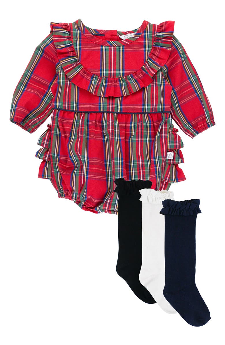 RuffleButts Tartan Cotton Bubble Romper & 3-Pack Over-the-Knee Socks Set, Main, color, 