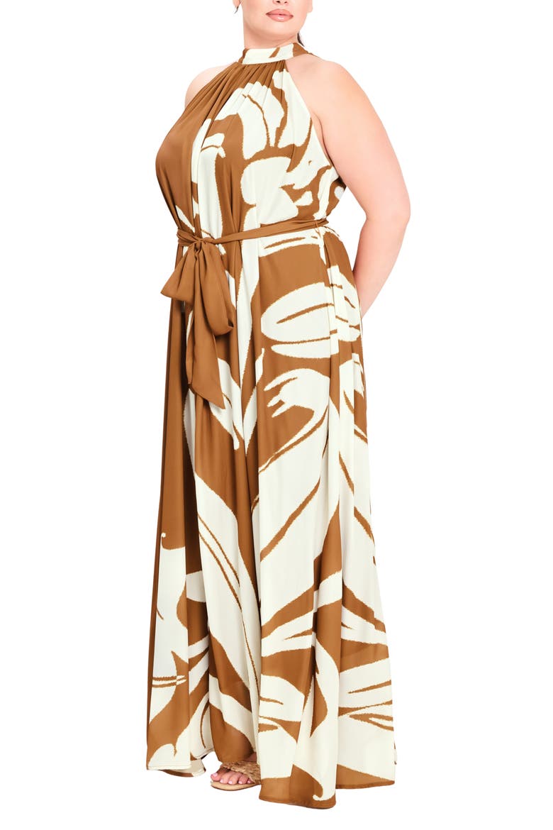 Printed Halter Maxi Dress, Alternate, color, BROWN