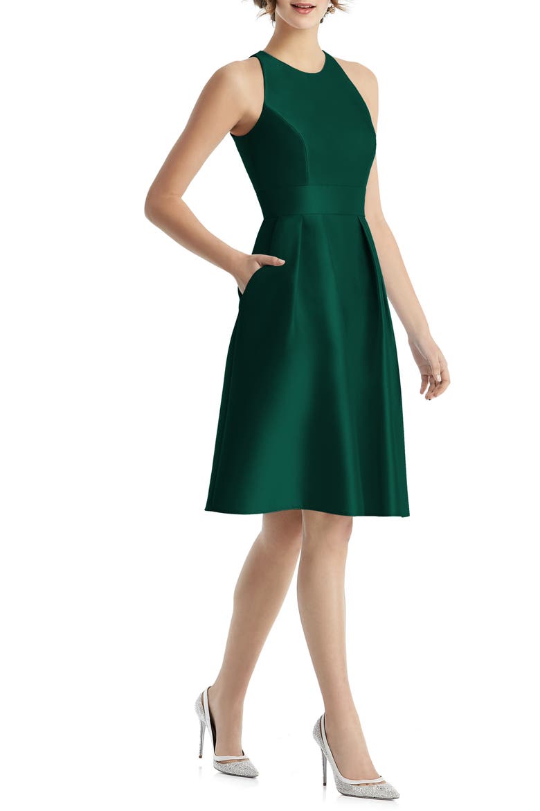 Jewel Neck Satin Cocktail Dress, Main, color, HUNTER