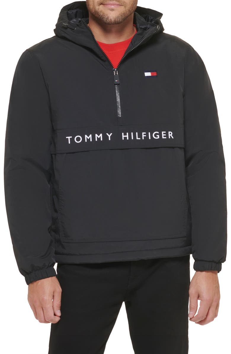 Tommy Hilfiger Water Resistant Hooded Fleece Lined Anorak Jacket, Main, color, Black