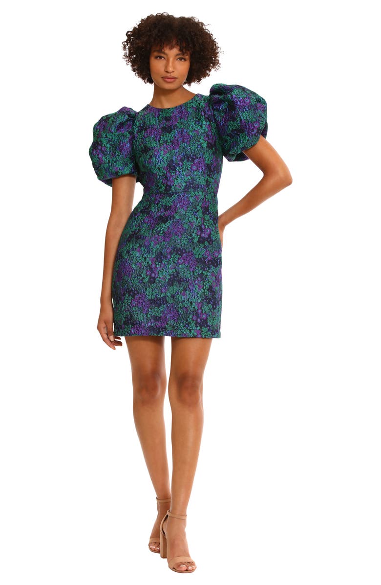 Metallic Puff Sleeve Brocade Minidress