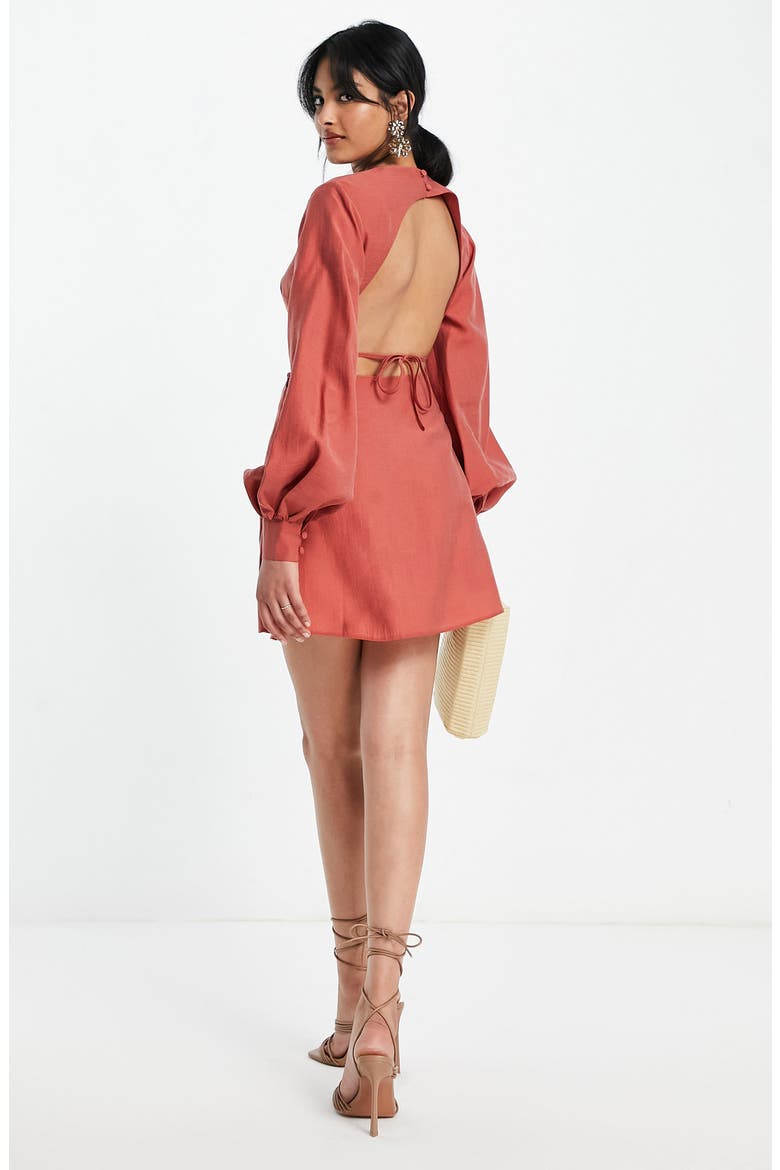 Open Back Long Sleeve Satin MInidress, Alternate, color, RED