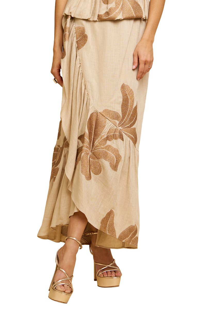 CIEBON Shanne Embroidered Print Ruffle Wrap Skirt, Main, color, 