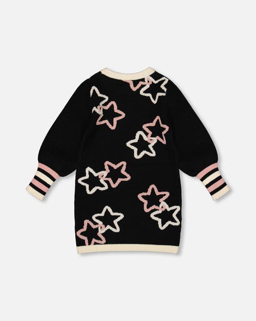 Deux Par Deux Long Sleeve Knit Dress With Stars In Black