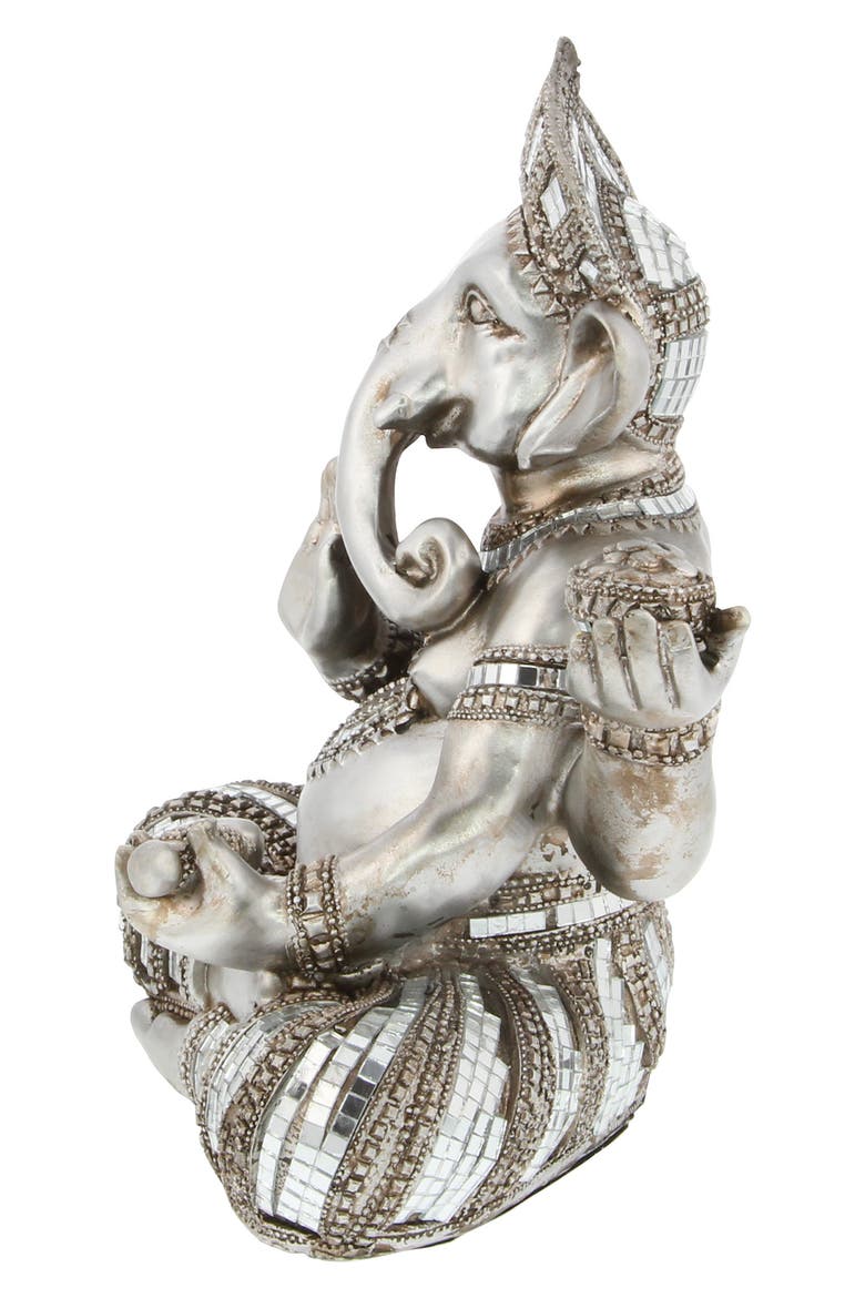 Silvertone Polystone Meditating Ganesh Sculpture with Engraved Carvings and Relief Detailing, Alternate, color, SILVER