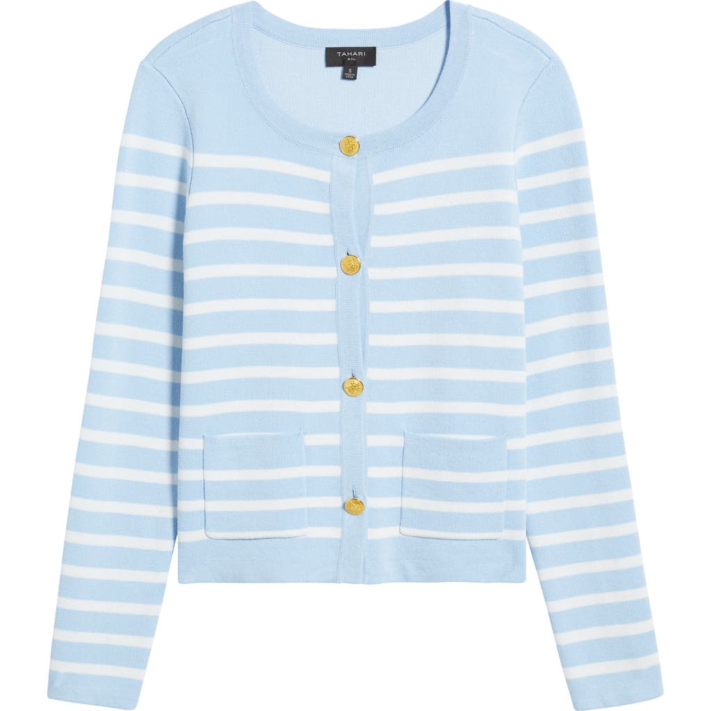 Tahari Asl Stripe Cardigan In Ice Blue Ivory