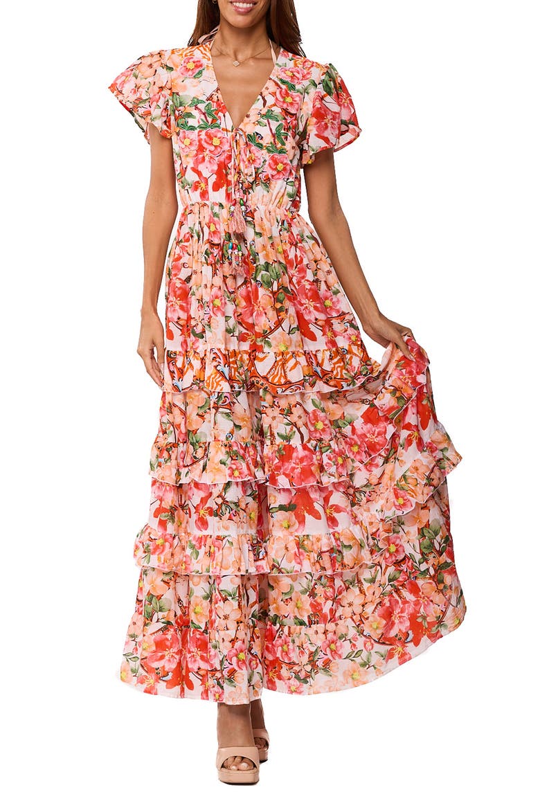 Floral Cap Sleeve Tiered Ruffle Maxi Dress, Main, color, ORANGE