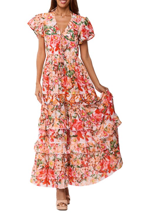 Floral Cap Sleeve Tiered Ruffle Maxi Dress