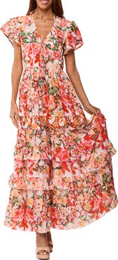 RANEES Floral Cap Sleeve Tiered Ruffle Maxi Dress