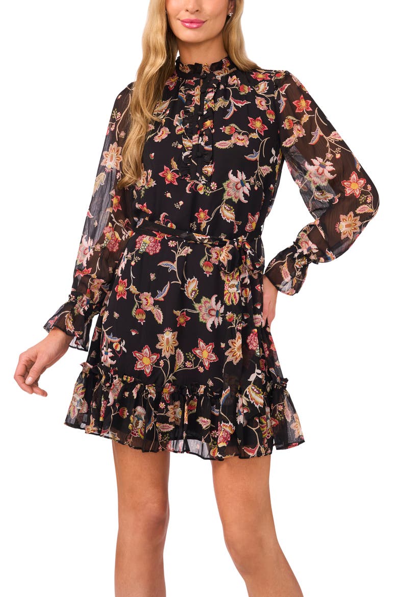 Ruffle Tie Waist Long Sleeve Minidress, Alternate, color, RICH BLACK