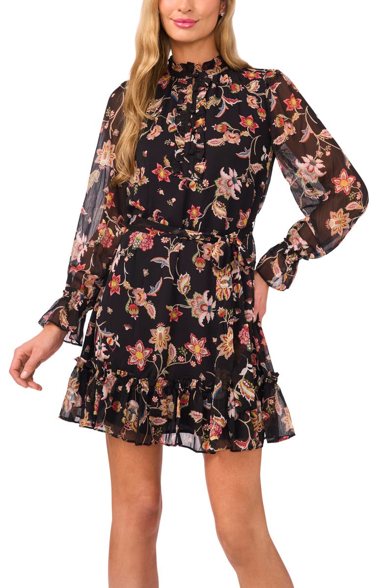 CeCe Ruffle Tie Waist Long Sleeve Minidress, Alternate, color, Rich Black