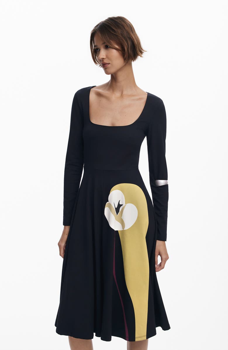 Desigual Lily Long Sleeve Jersey Midi Dress, Alternate, color, Black