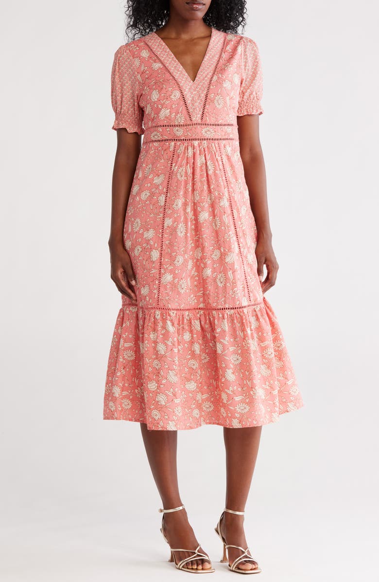 Maisie Puff Sleeve Midi Dress with Crochet Trim, Main, color, Coral 2 Tone Floral