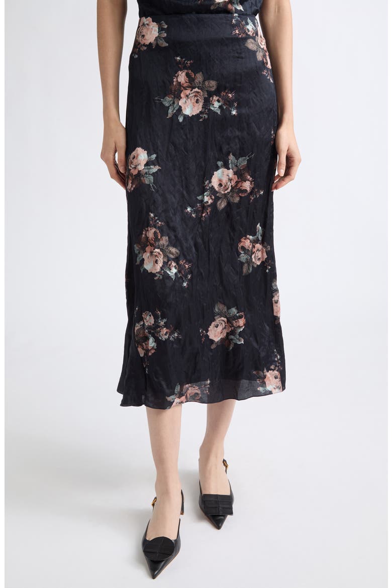 Floral Crushed Satin Midi Skirt, Main, color, MARGOT BOUQUET BLACK